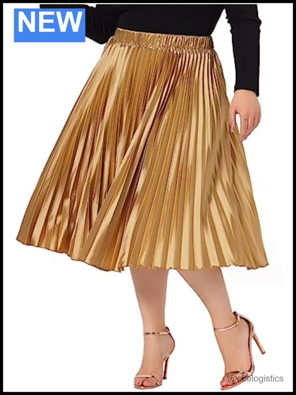 Plus Size Pleated Midi Skirt for Women High Waist Metallic Party A-Line